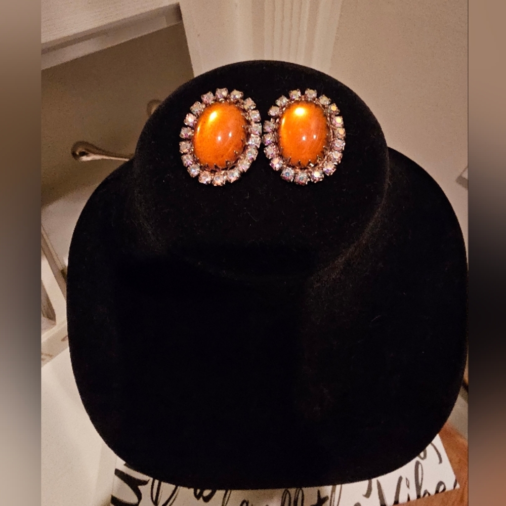 Vintage Carnelian Color Rhinestone Stud Earrings
